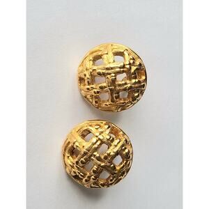 Vintage Gold Monet Earrings Pierced Signed Basket Weave Brutalist
